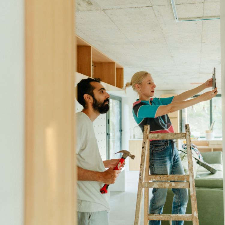 Man is aan het renoveren met het gezeldschap van zijn hond.